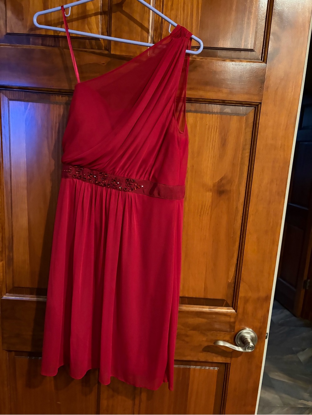 Adrianna Papell Cherry Red One-Shoulder Embellished Cocktail Dress – Size 6
